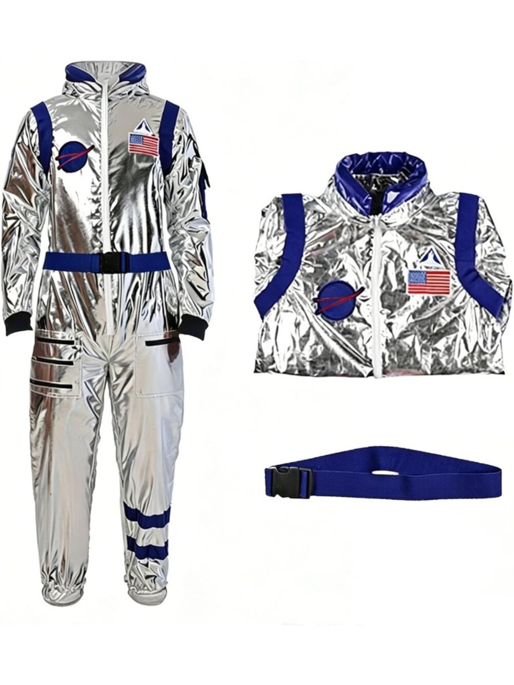 Shiny Silver Astronaut Jumpsuit Costume with Belt for Halloween Party, Unisex